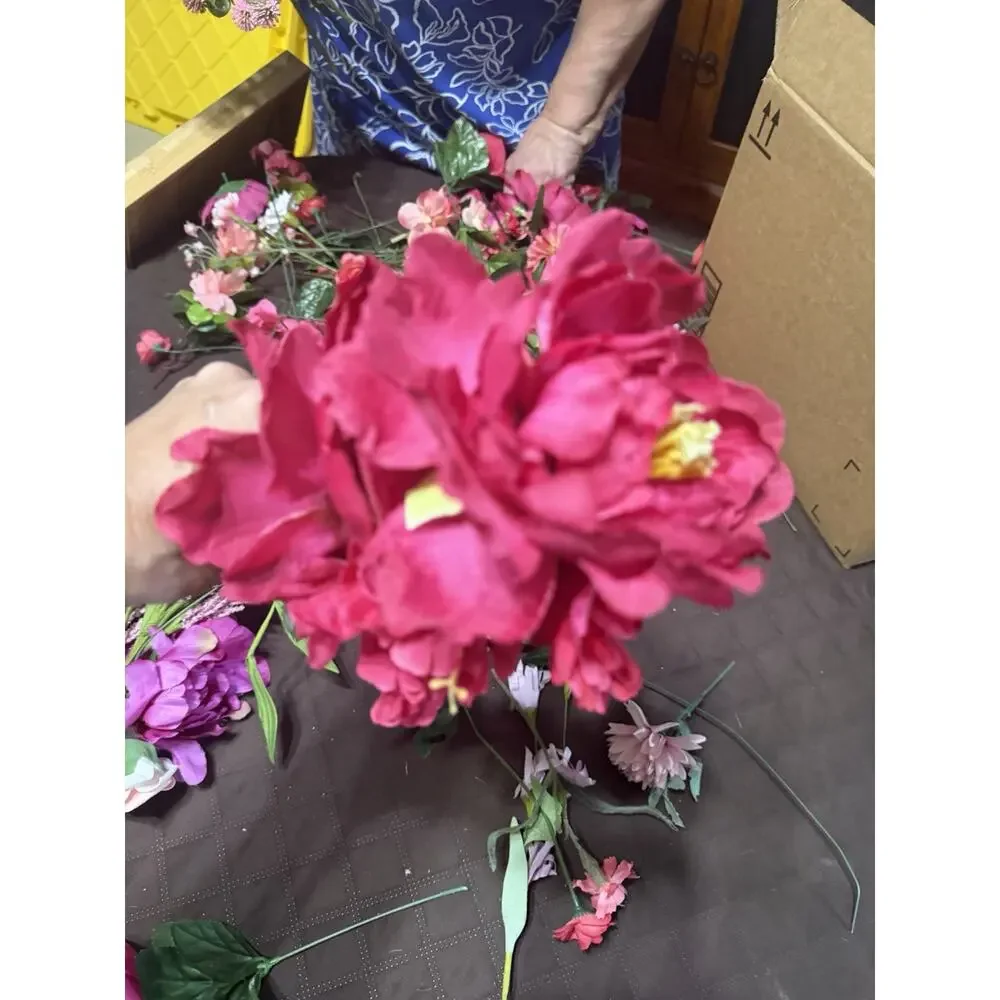 Large Lot / Box of Miscellaneous Artificial Silk Flowers - Bright Pink Shades